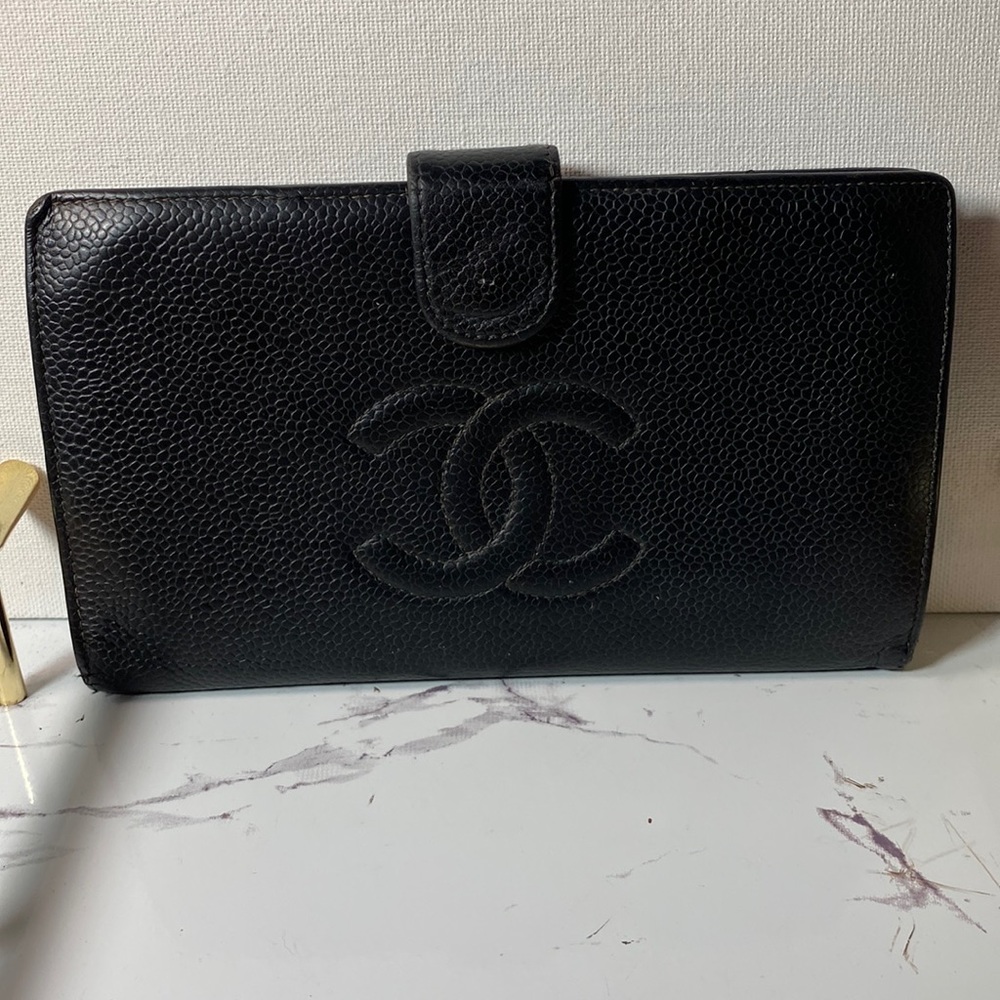 Authentic Chanel Classic n Black Caviar Leather Cc French Kisslock Wallet - Picture 1 of 17
